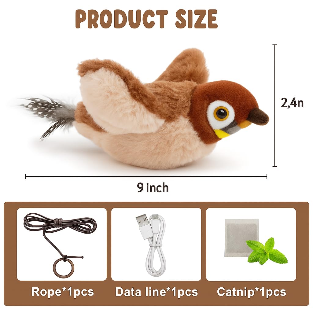 Cat Toys, Flapping Wings Sparrow, No Flying, Chirping Bird Interactive Catnip Toy for Kitten or Small Dogs, Touch Activated, Rechargeable