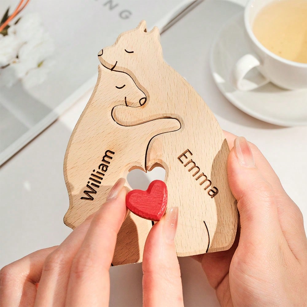 United We Stand - Family Bear Shaped Wooden Art Puzzle - Wooden Pet Carvings, Wood Sculpture Table Ornaments, Carved Wood Decor