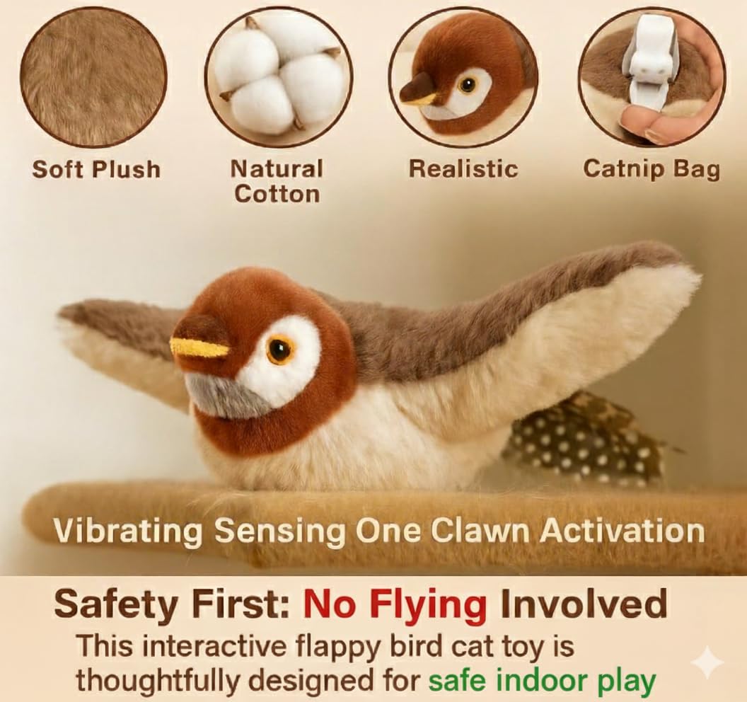 Cat Toys, Flapping Wings Sparrow, No Flying, Chirping Bird Interactive Catnip Toy for Kitten or Small Dogs, Touch Activated, Rechargeable