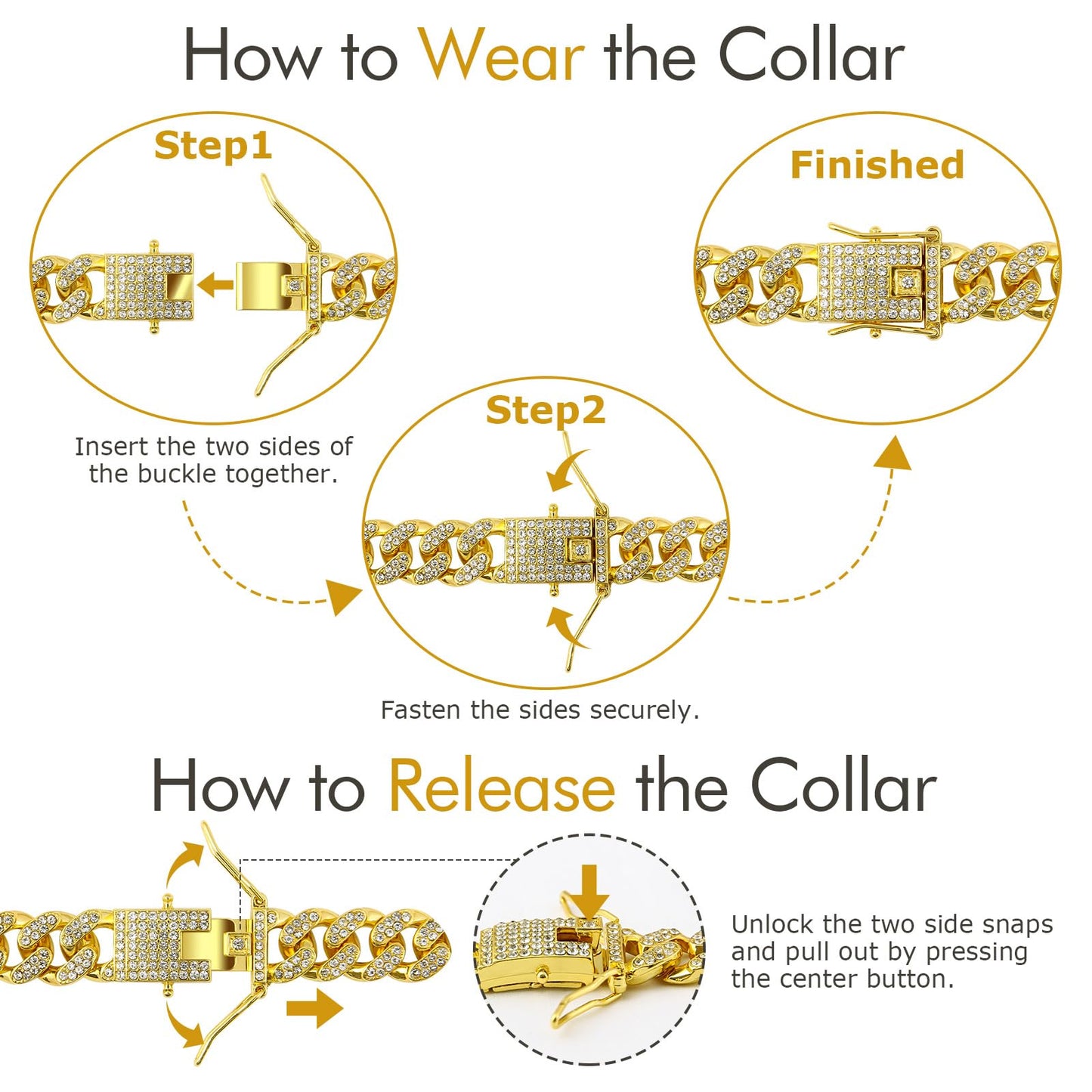 Dog Necklace Cuban Link Dog Collar Gold Crystal Chain with Secure Buckle for Small Medium Large Dogs Cats