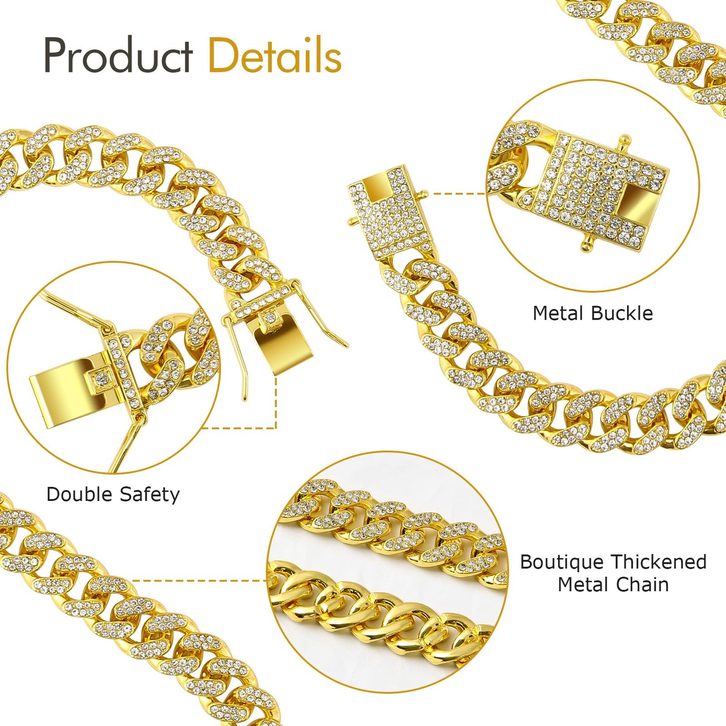 Dog Necklace Cuban Link Dog Collar Gold Crystal Chain with Secure Buckle for Small Medium Large Dogs Cats