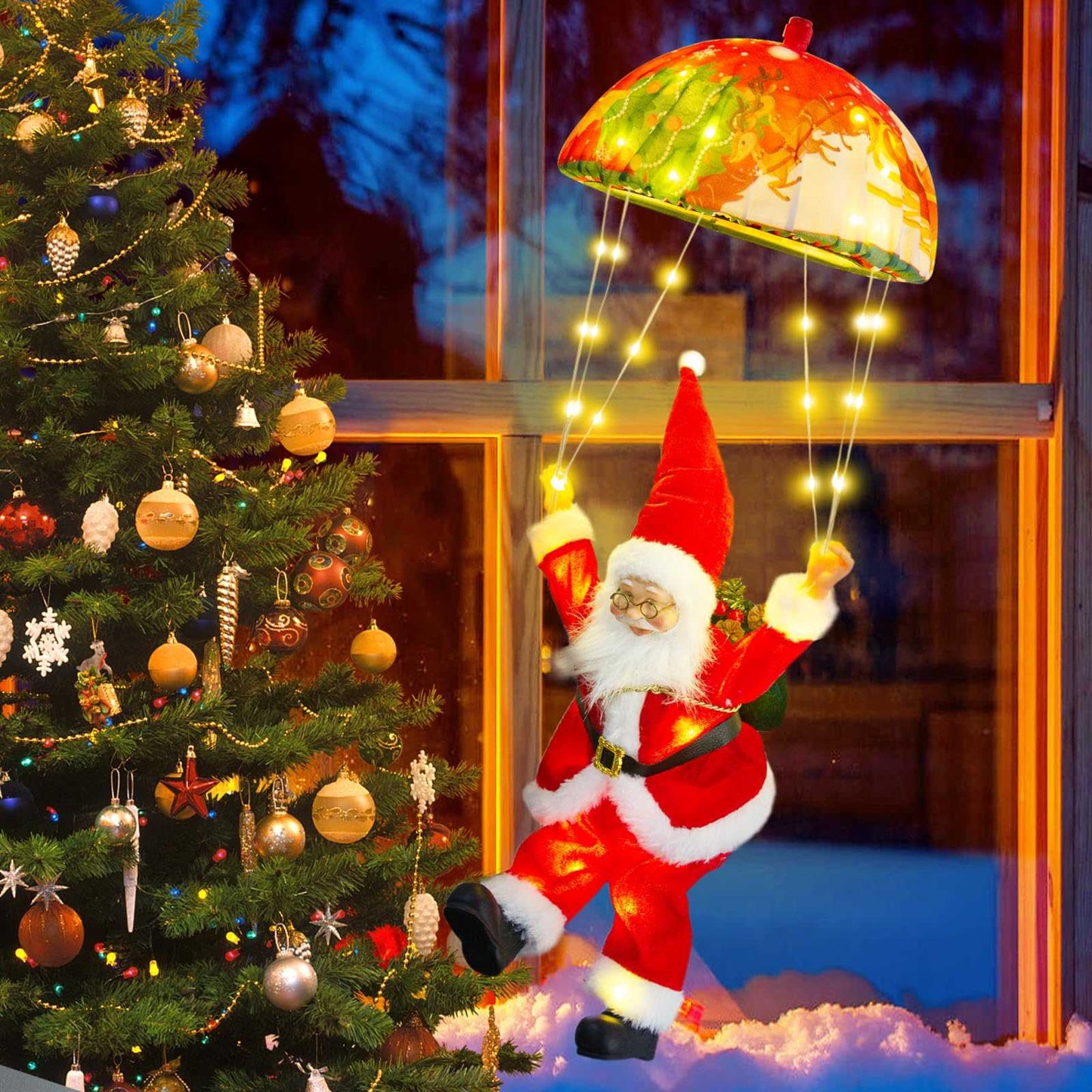 Santa Parachute Ornament LED Lights - 24.8" String with 8 Modes & Memory Timer for Indoor Outdoor Xmas Tree, Home, Porch Decor