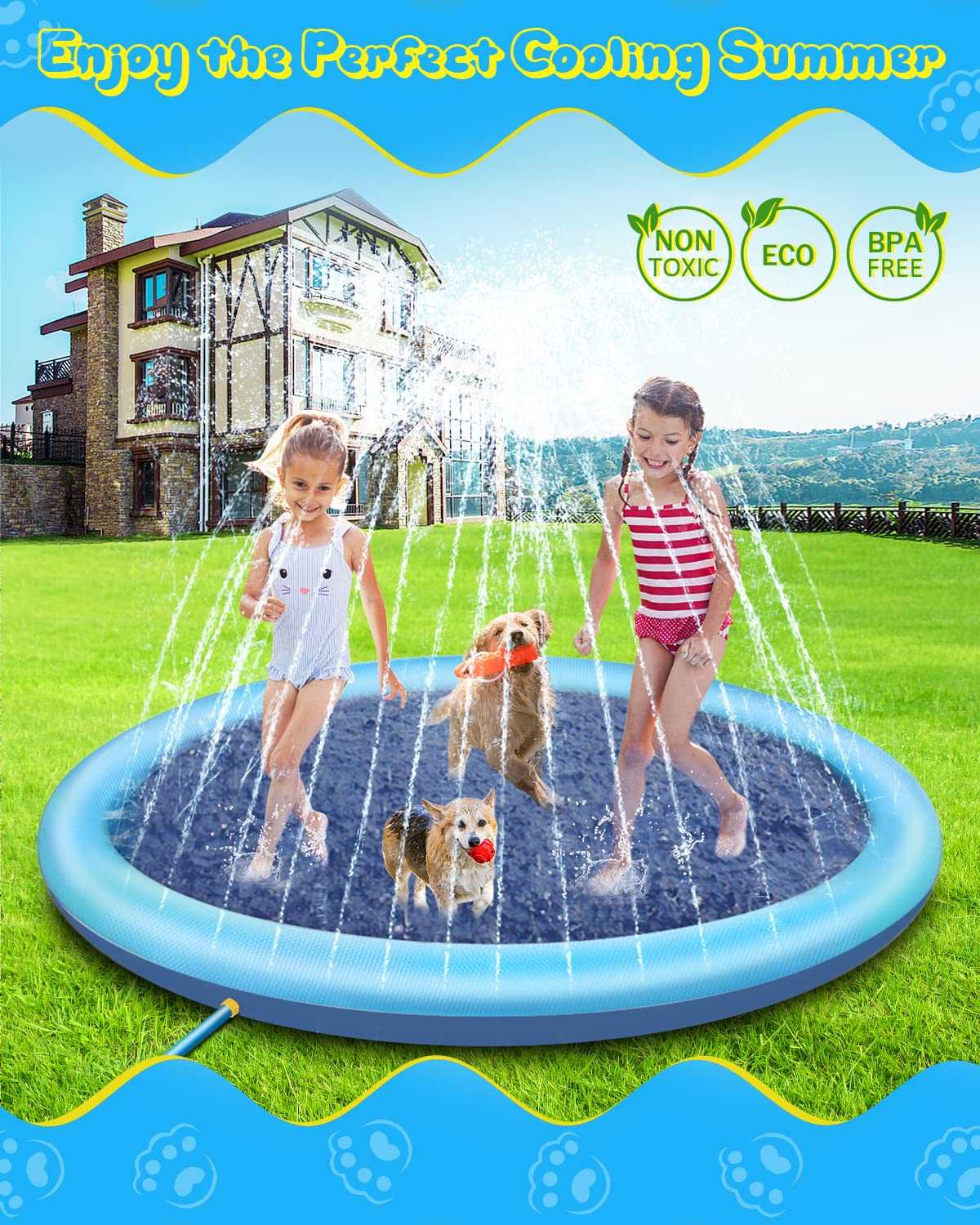 Dog Pool, Anti-Slip Splash Pad for Dogs Kids Thickened Durable Upgrade Sprinkler Pad Pet Summer Outdoor Water Toys Backyard Fountain Play Mat