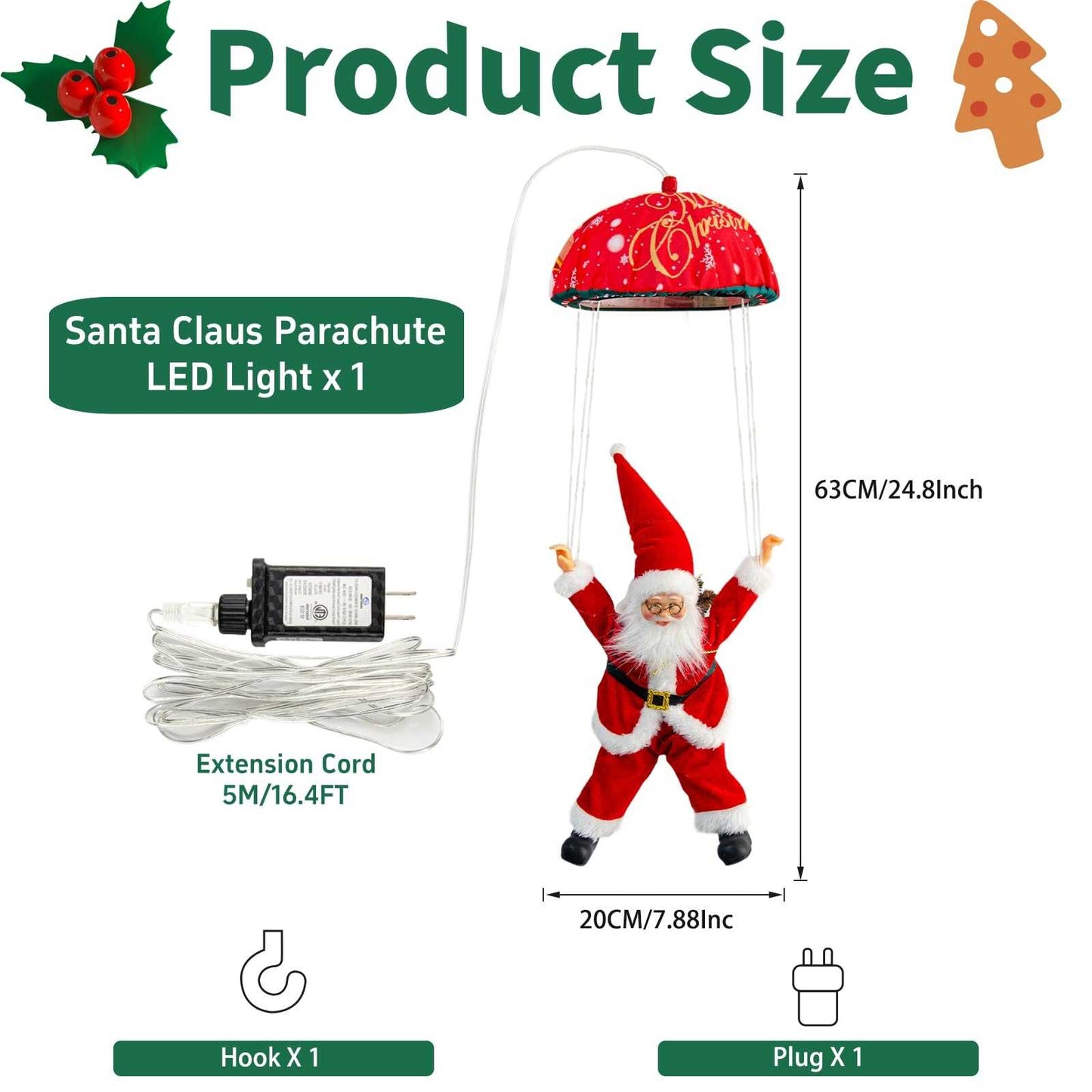 Santa Parachute Ornament LED Lights - 24.8" String with 8 Modes & Memory Timer for Indoor Outdoor Xmas Tree, Home, Porch Decor
