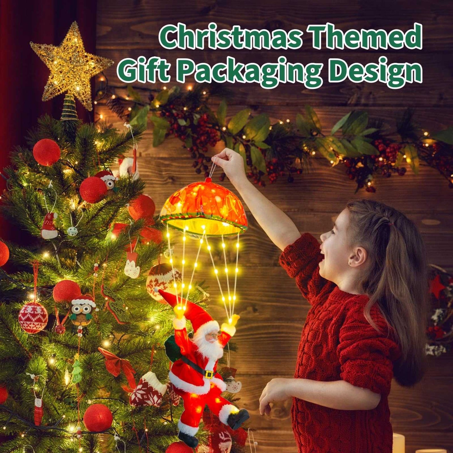 Santa Parachute Ornament LED Lights - 24.8" String with 8 Modes & Memory Timer for Indoor Outdoor Xmas Tree, Home, Porch Decor