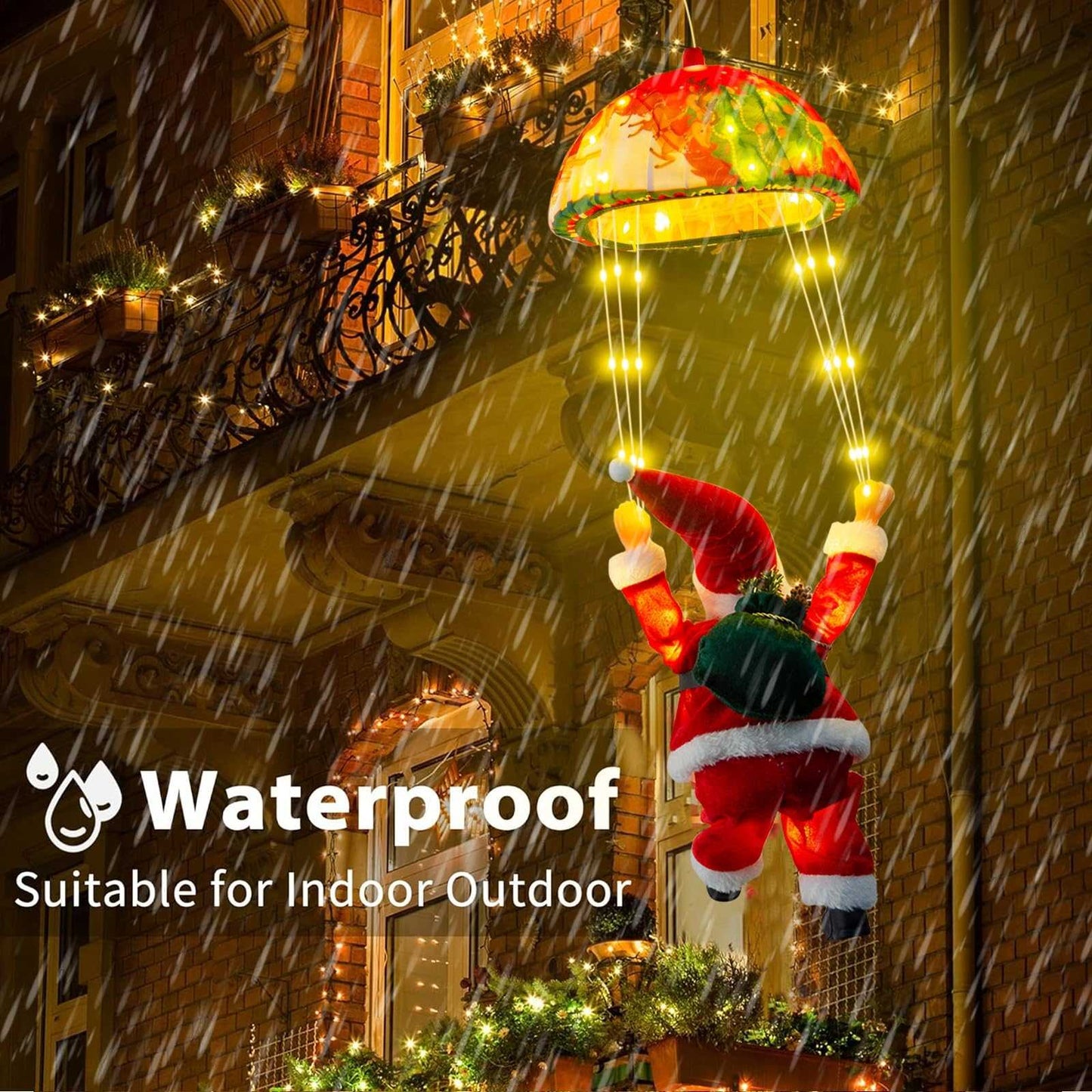 Santa Parachute Ornament LED Lights - 24.8" String with 8 Modes & Memory Timer for Indoor Outdoor Xmas Tree, Home, Porch Decor