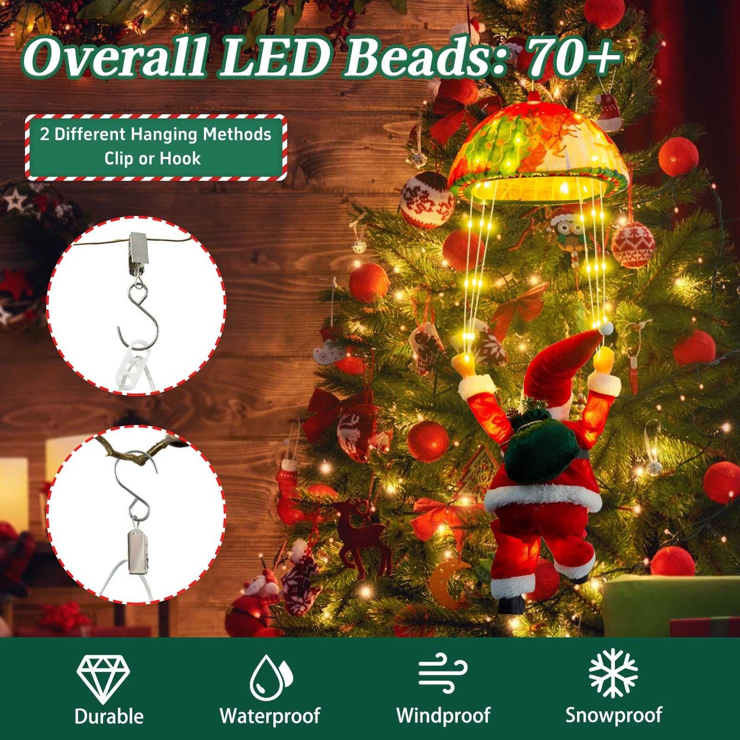 Santa Parachute Ornament LED Lights - 24.8" String with 8 Modes & Memory Timer for Indoor Outdoor Xmas Tree, Home, Porch Decor