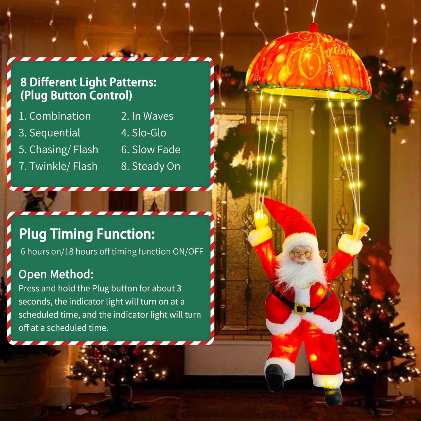 Santa Parachute Ornament LED Lights - 24.8" String with 8 Modes & Memory Timer for Indoor Outdoor Xmas Tree, Home, Porch Decor