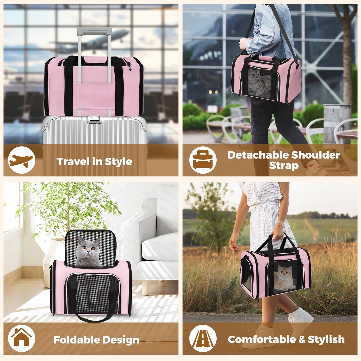 Airline Approved Pet Carrier Large – Soft Sided Cat Dog Travel Bag for Small Pets, Portable Collapsible Under-Seat with Full Mesh & Shoulder Strap