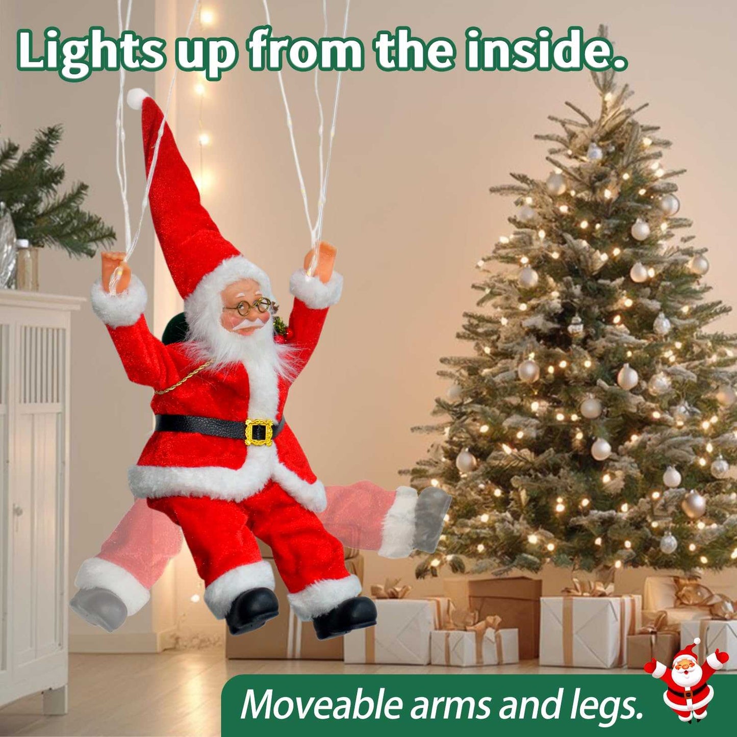 Santa Parachute Ornament LED Lights - 24.8" String with 8 Modes & Memory Timer for Indoor Outdoor Xmas Tree, Home, Porch Decor