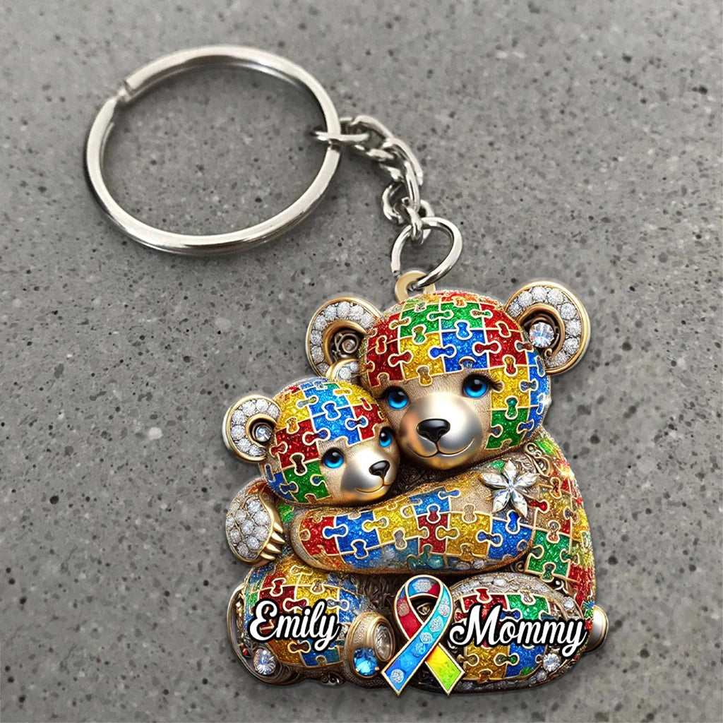 Personalized Mama Bear Autism Awareness Keychain, Custom Acrylic Wood Key Ring, Meaningful Gift for Mom Mother Family Supporter