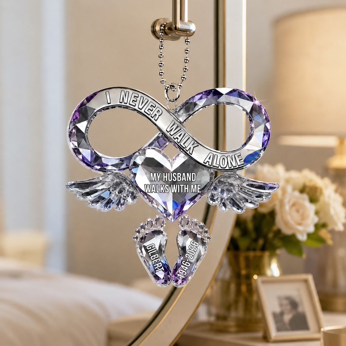 Your Love Still Rides Beside Me Personalized Memorial Car Hanger, Custom Acrylic Sympathy Ornament with Name and Date