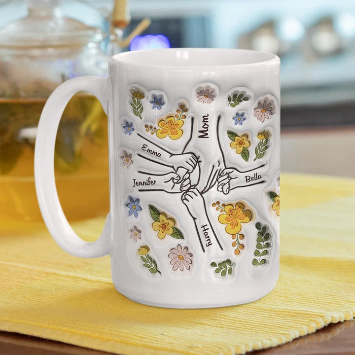 Personalized Mom Mug 3D Effect  with Names, You Hold Our Hands Also Our Hearts Ceramic Cup, Mother’s Day Gift for Mom Grandma Wife