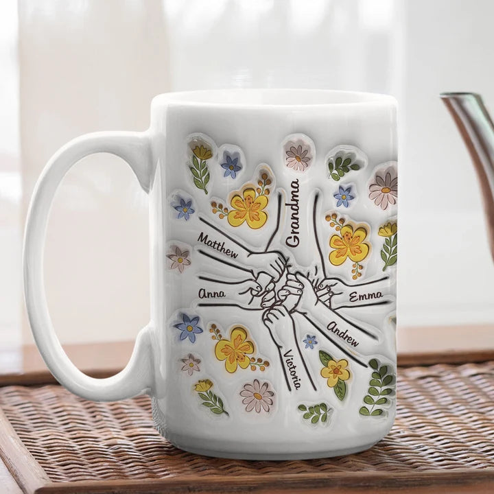 Personalized Mom Mug 3D Effect  with Names, You Hold Our Hands Also Our Hearts Ceramic Cup, Mother’s Day Gift for Mom Grandma Wife