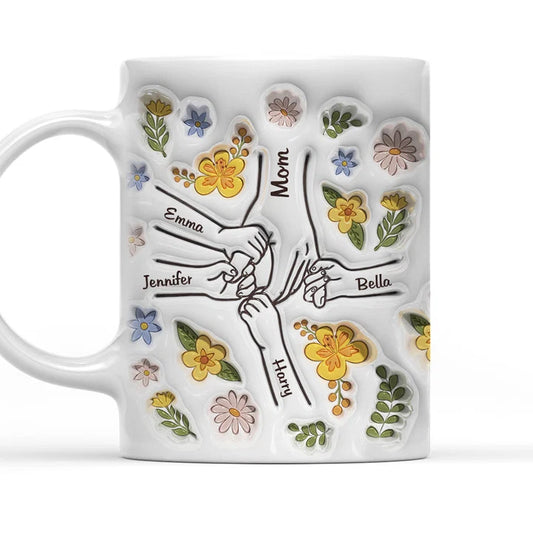 Personalized Mom Mug 3D Effect  with Names, You Hold Our Hands Also Our Hearts 3D Effect Ceramic Cup, Mother’s Day Gift for Mom Grandma Wife