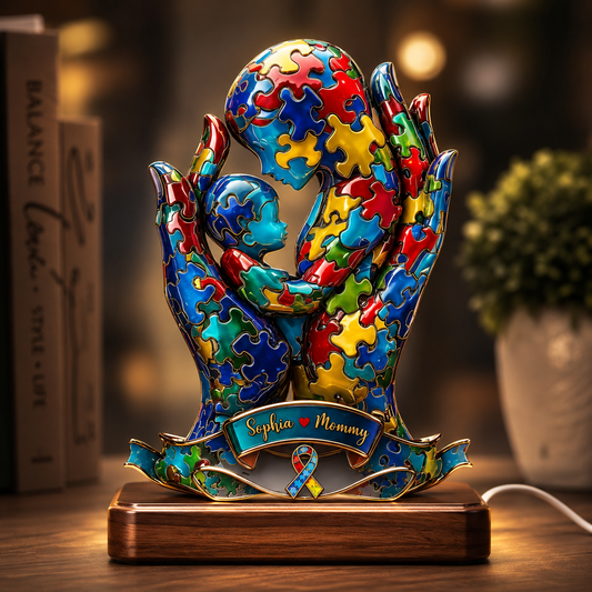 Mom And Kid Personalized Autism Awareness LED Acrylic Plaque, Custom Autism Mom Gift, Personalized Puzzle Art Night Light