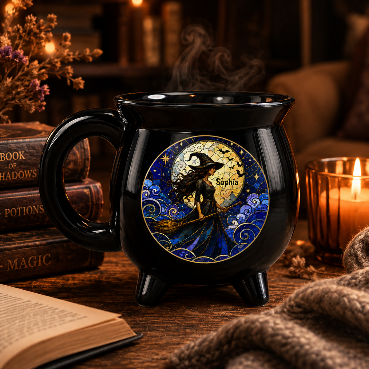 Personalized Moonlit Witch Cauldron Coffee Mug, Custom Witch Name Mug, Halloween Ceramic Cauldron Cup Gift for Her