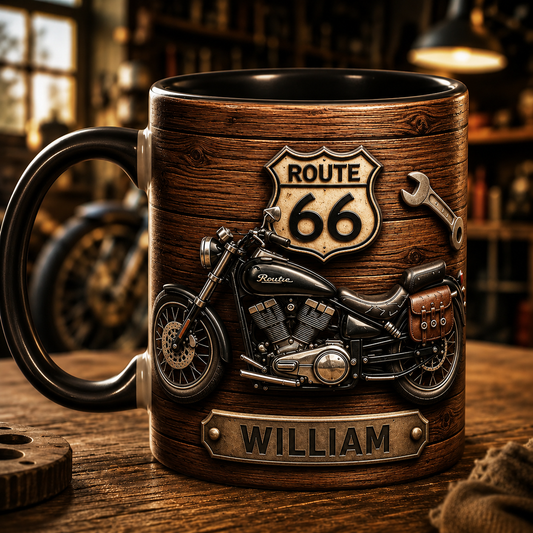 Motorcycle Personalized Biker 3D Mug Effect , Custom Route 66 Coffee Mug with Name, Gift for Motorcycle Lovers, Biker Dad, Husband