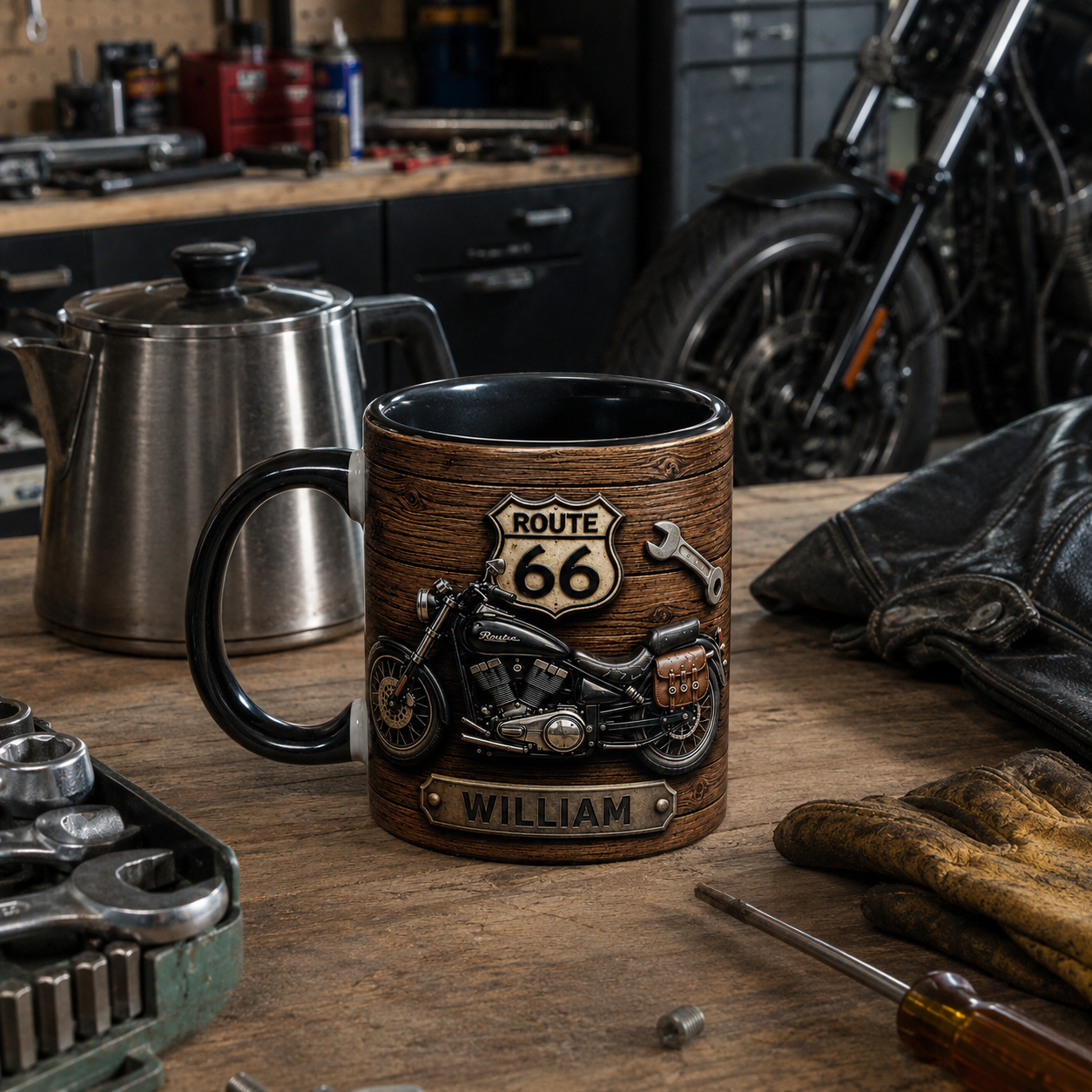 Motorcycle Personalized Biker 3D Mug Effect , Custom Route 66 Coffee Mug with Name, Gift for Motorcycle Lovers, Biker Dad, Husband