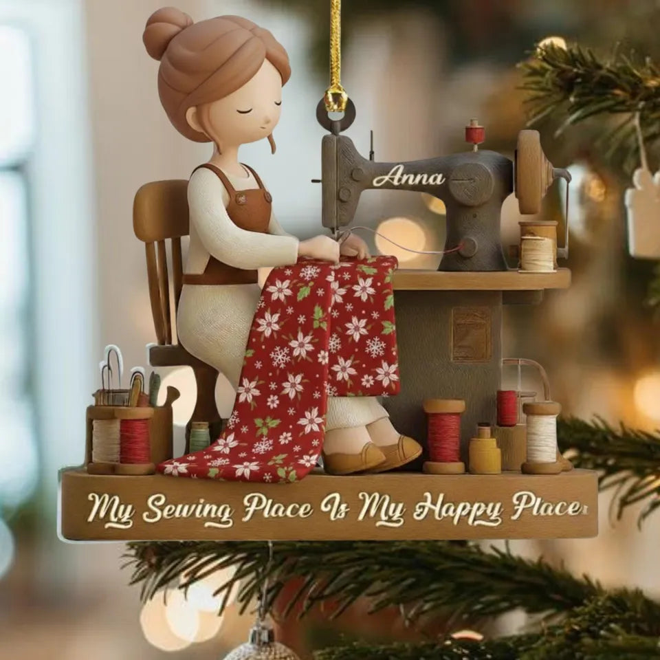 Personalized Sewing Girl Christmas Ornament, My Sewing Space Is My Happy Place Acrylic Keepsake, Gift for Quilter Seamstress Sewing Lover