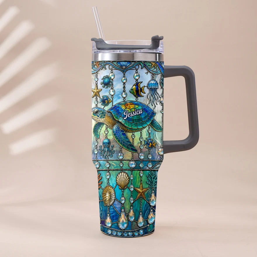Personalized Ocean Turtle 40oz Tumbler with Handle, Custom Sea Turtle Stainless Steel Travel Cup with Straw, Gift for Turtle Lovers Women Men