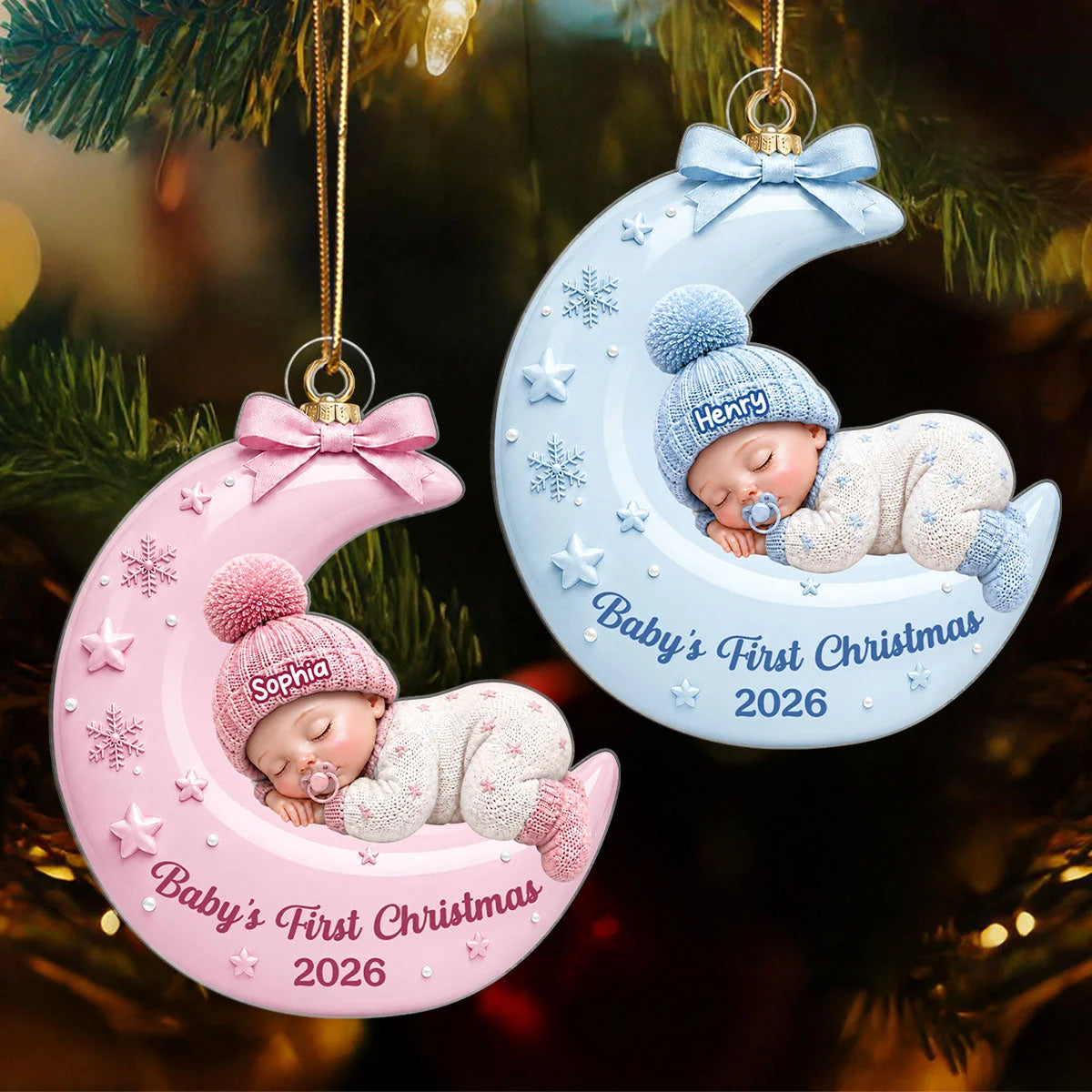 Pastel Pink Baby On Moon - Personalized Newborn Ornament