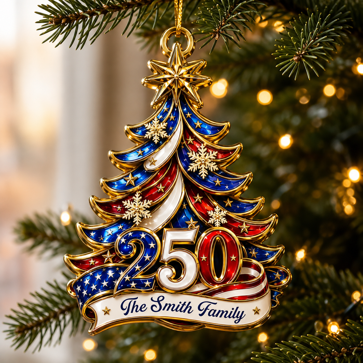 Personalized America 250 Christmas Ornament, Patriotic Acrylic Tree Ornament with Family Name, USA 250th Anniversary Keepsake, Custom Holiday Gift
