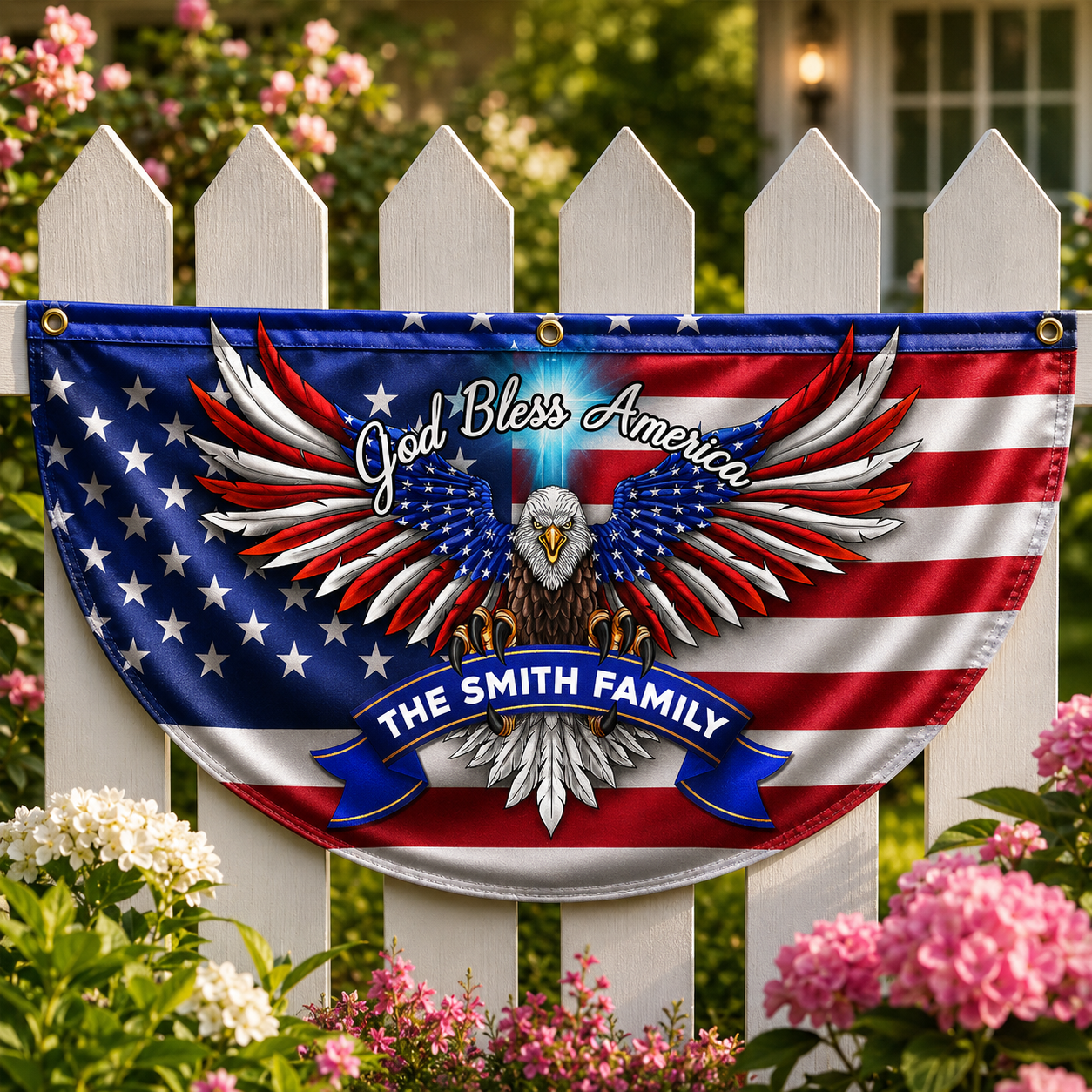 Personalized Faith Family Freedom American Fan Flag with Family Name