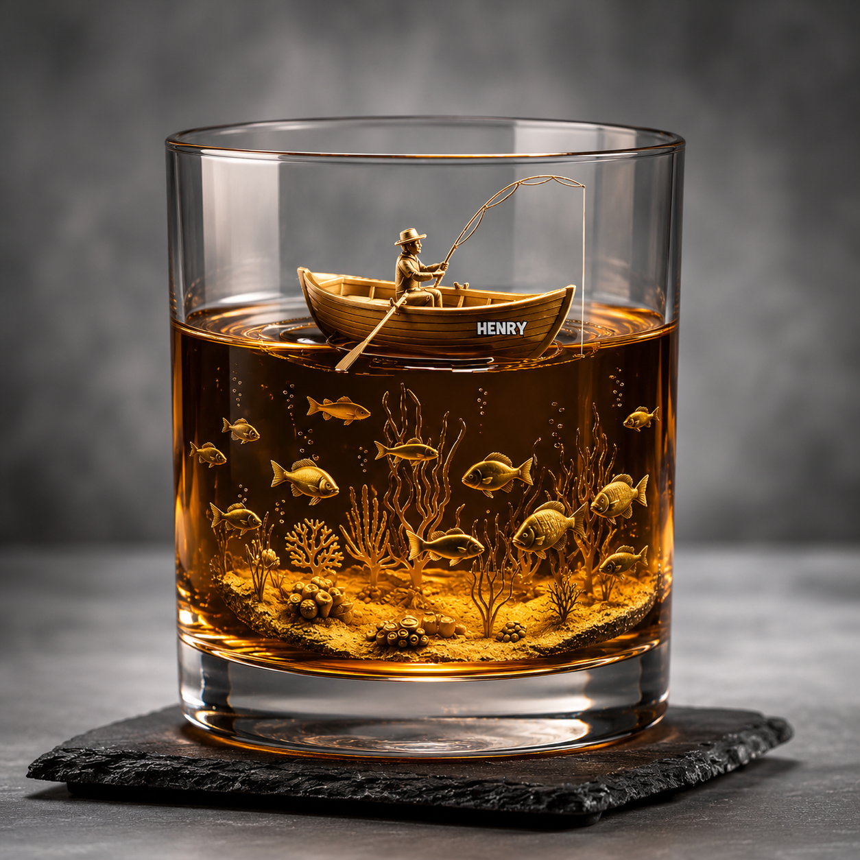 Personalized Fishing 3D Effect Whiskey Glass, Custom Name Rock Glass, Fisherman Gift for Dad Husband Fishing Lovers