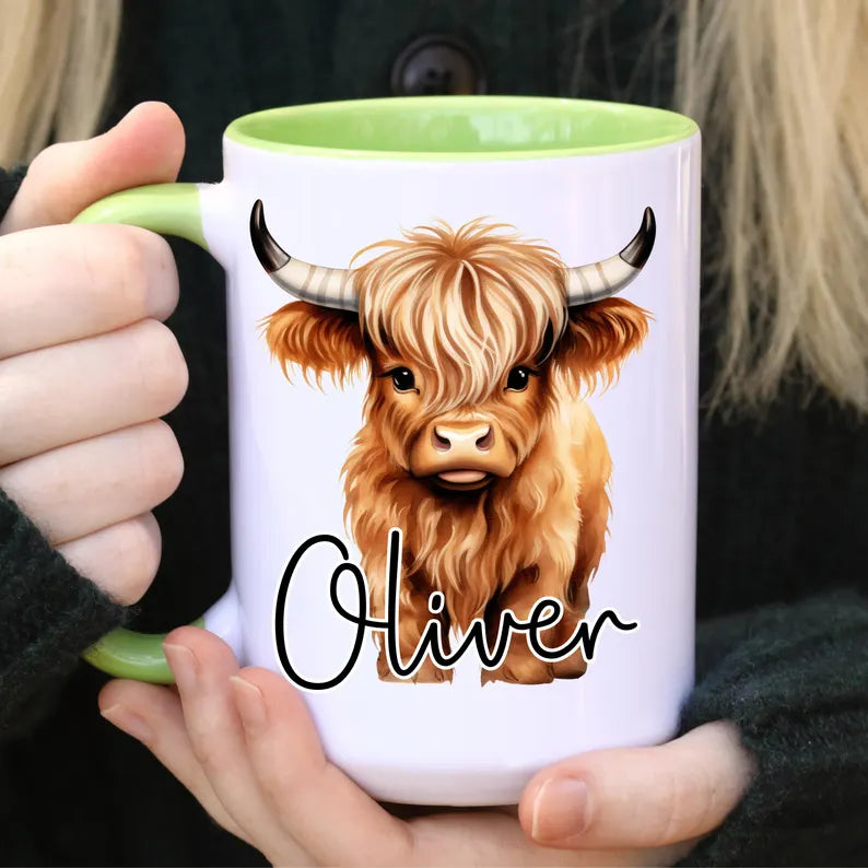 Personalized Highland Cow Coffee Mug, Custom Cute Cow Ceramic Cup, Gift for Cow Lover Women Friend Mom Birthday Gift for Her