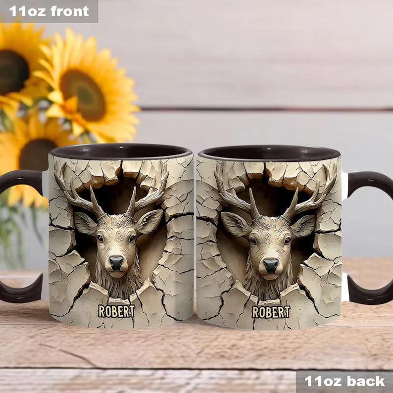 Personalized Deer Hunting Mug, Custom Embossed Effect Buck Ceramic Coffee Cup, Gift for Hunter Dad Husband Grandpa Outdoorsman