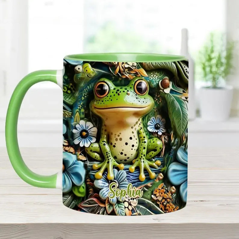 Personalized Frog Accent Mug, Custom Cute Frog Ceramic Coffee Cup, Gift for Frog Lover Women Mom Friend, Mother’s Day Birthday Gift