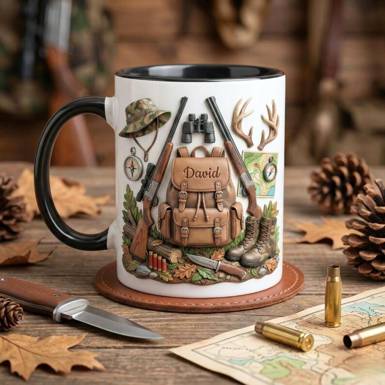 Personalized Hunting Mug with Name, Custom Hunter Ceramic Coffee Cup, Nature Lover Gift for Dad Grandpa Husband, Father’s Day Gift