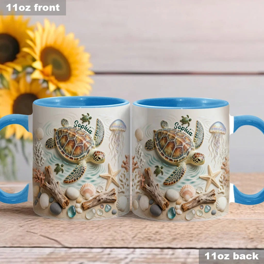 Personalized Turtle Accent Mug and Coaster, Custom Sea Turtle Ceramic Coffee Mug, Gift for Turtle Lover Women Men