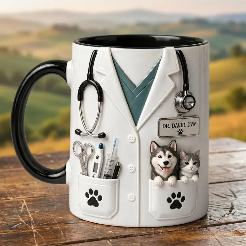 Personalized Veterinarian Mug with Dog and Cat, Custom Vet Doctor Ceramic Coffee Cup, Gift for Veterinarian Vet Tech Animal Lover