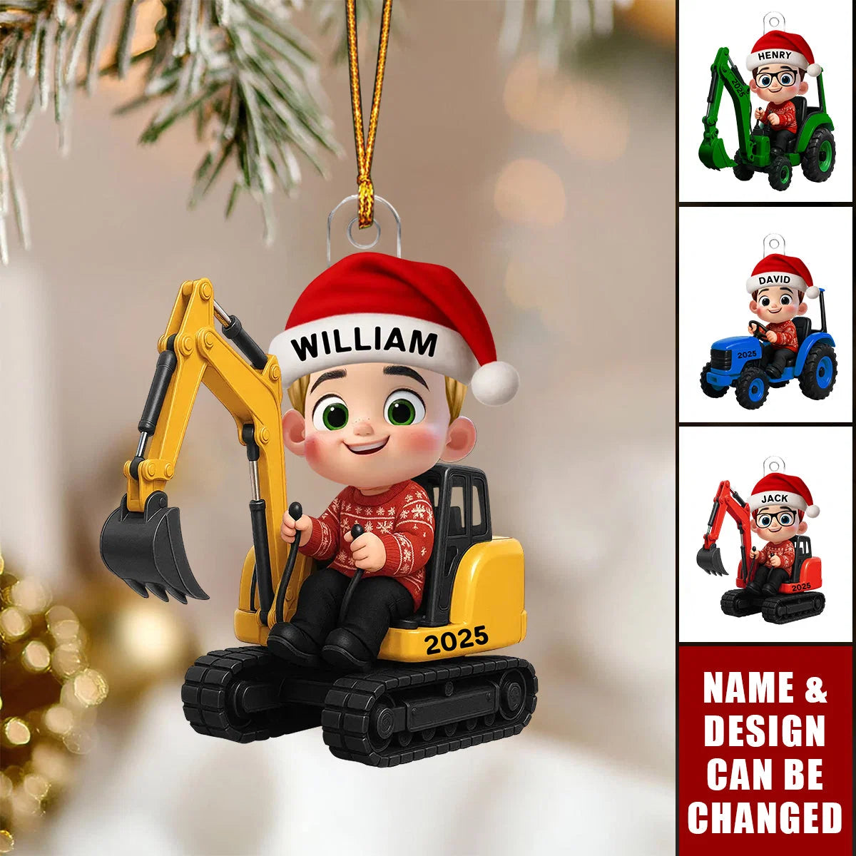 Personalized Construction Vehicle Christmas Ornament with Name, 3D Effect Excavator Backhoe Tractor Acrylic Keepsake, Gift for Little Boy Kid
