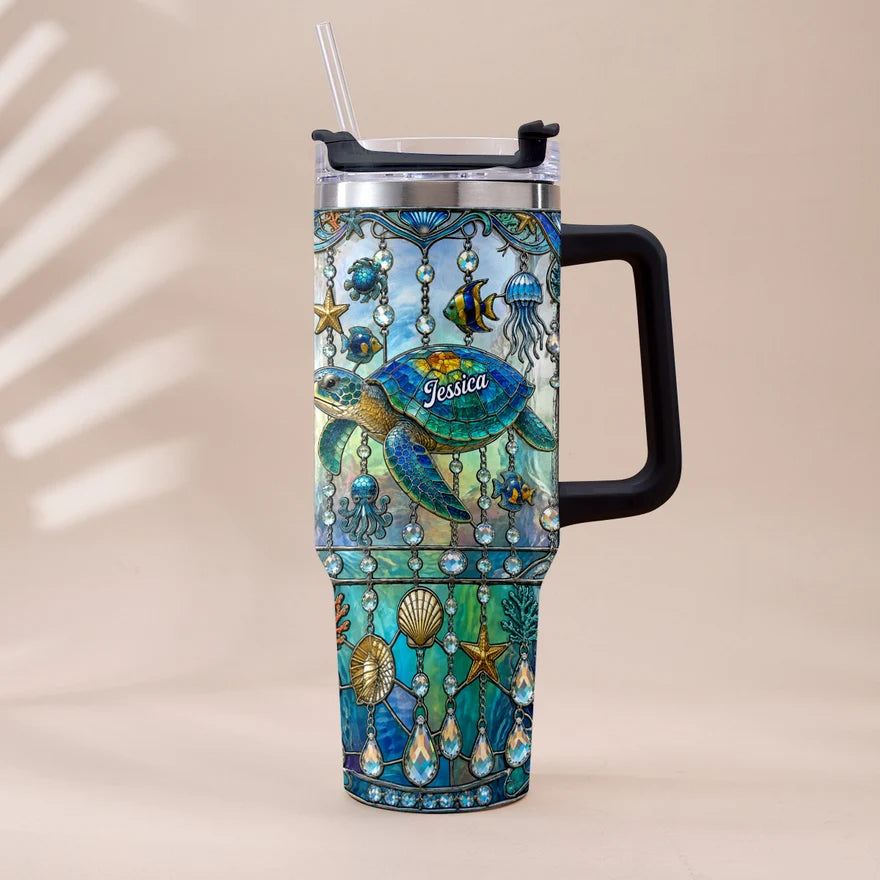 Personalized Ocean Turtle 40oz Tumbler with Handle, Custom Sea Turtle Stainless Steel Travel Cup with Straw, Gift for Turtle Lovers Women Men