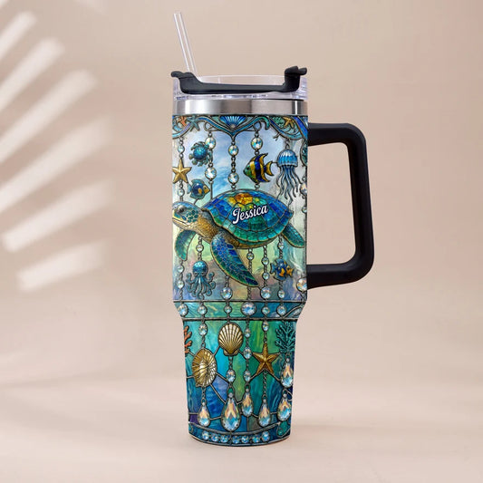 Personalized Ocean Turtle 40oz Tumbler with Handle, Custom Sea Turtle Stainless Steel Travel Cup with Straw, Gift for Turtle Lovers Women Men