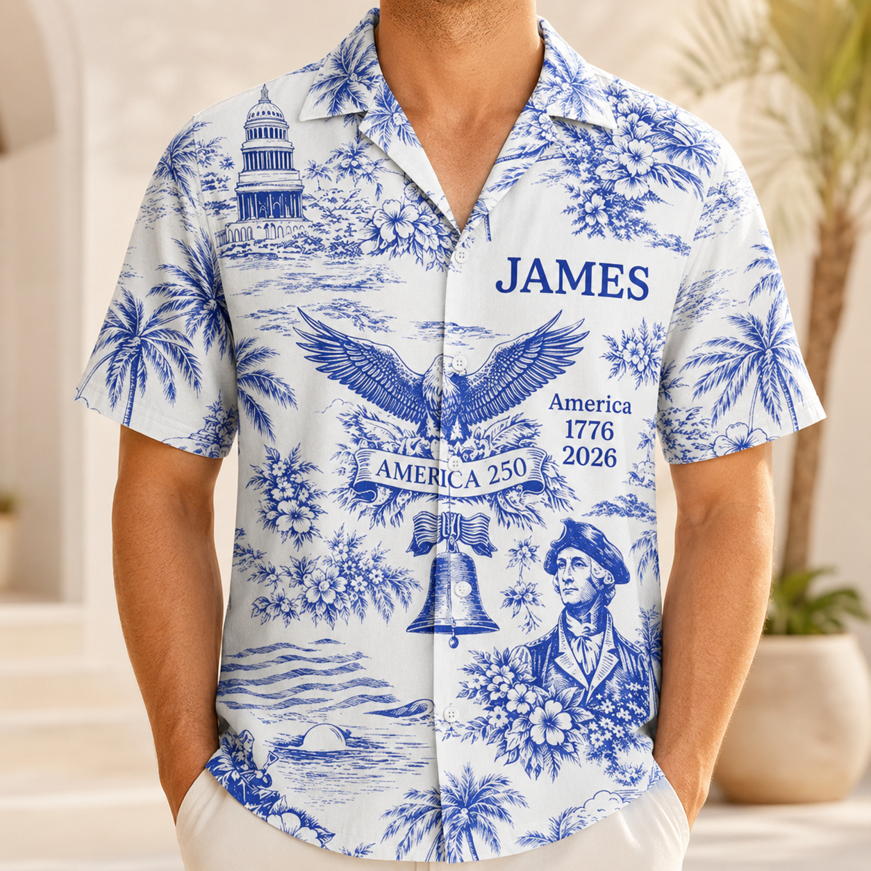 Patriotic America 250 Hawaiian Shirt – Personalized 1776–2026 250 Years of Freedom Shirt, Custom Name 4th of July Gift for Men