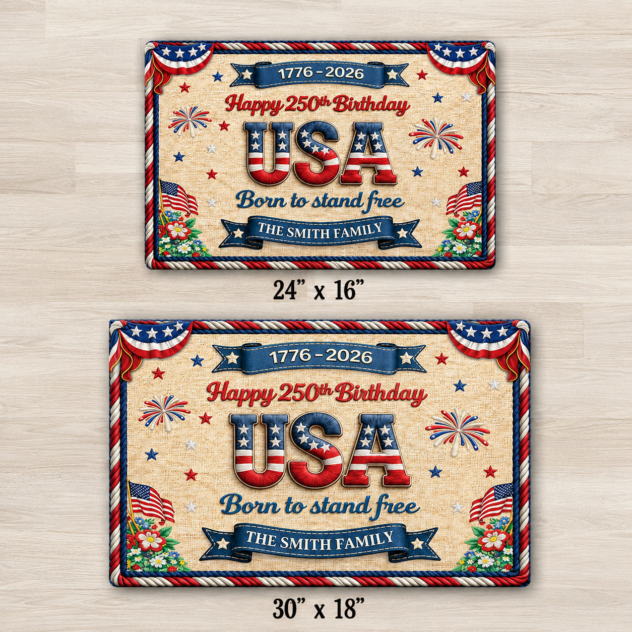Happy 250th Birthday USA Doormat – Personalized America 250 Family Name Mat