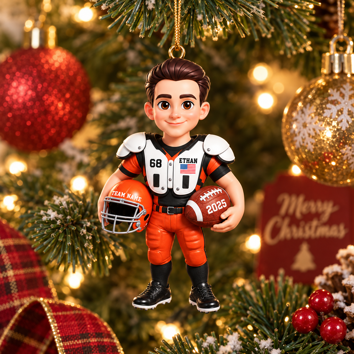 Personalized American 3D Effect Football Player Car Ornament, Acrylic Hanger, Gift for Football Lover Son Grandson Husband Dad