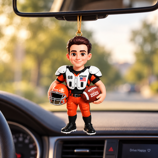 Personalized American 3D Effect Football Player Car Ornament, Acrylic Hanger, Gift for Football Lover Son Grandson Husband Dad