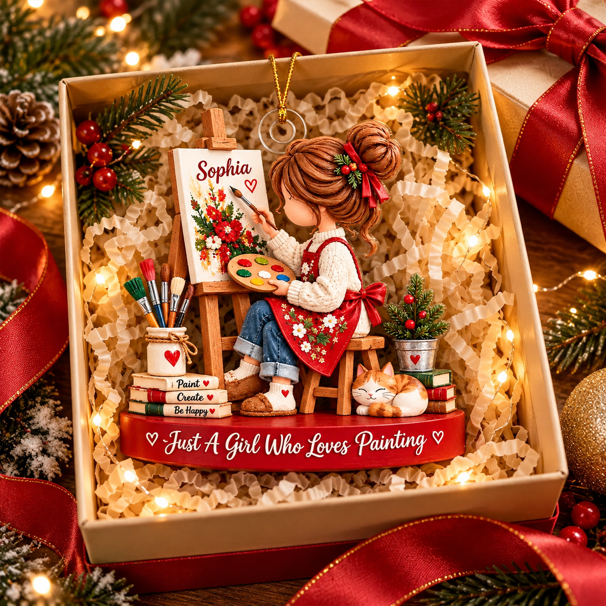 Personalized Artist 3D Effect Christmas Ornament – Custom Name Little Girl Painter Gift for Art Lover