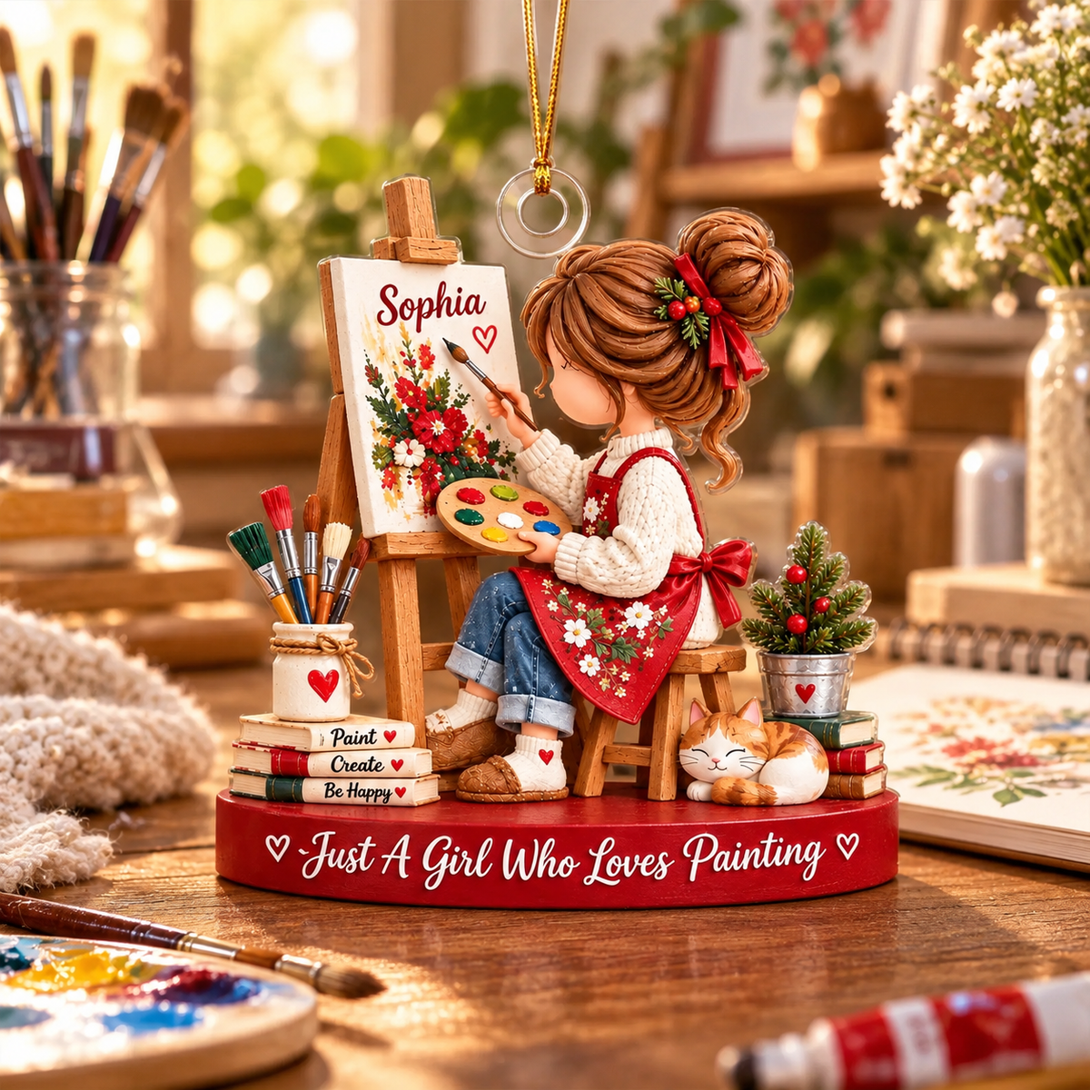 Personalized Artist 3D Effect Christmas Ornament – Custom Name Little Girl Painter Gift for Art Lover