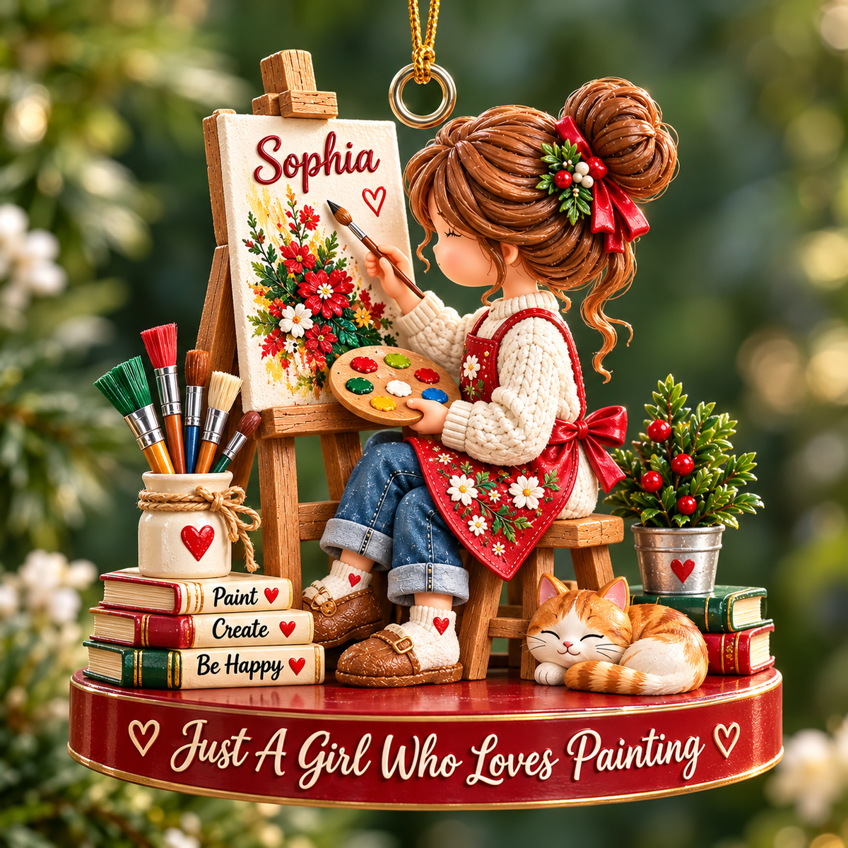 Personalized Artist 3D Effect Christmas Ornament – Custom Name Little Girl Painter Gift for Art Lover