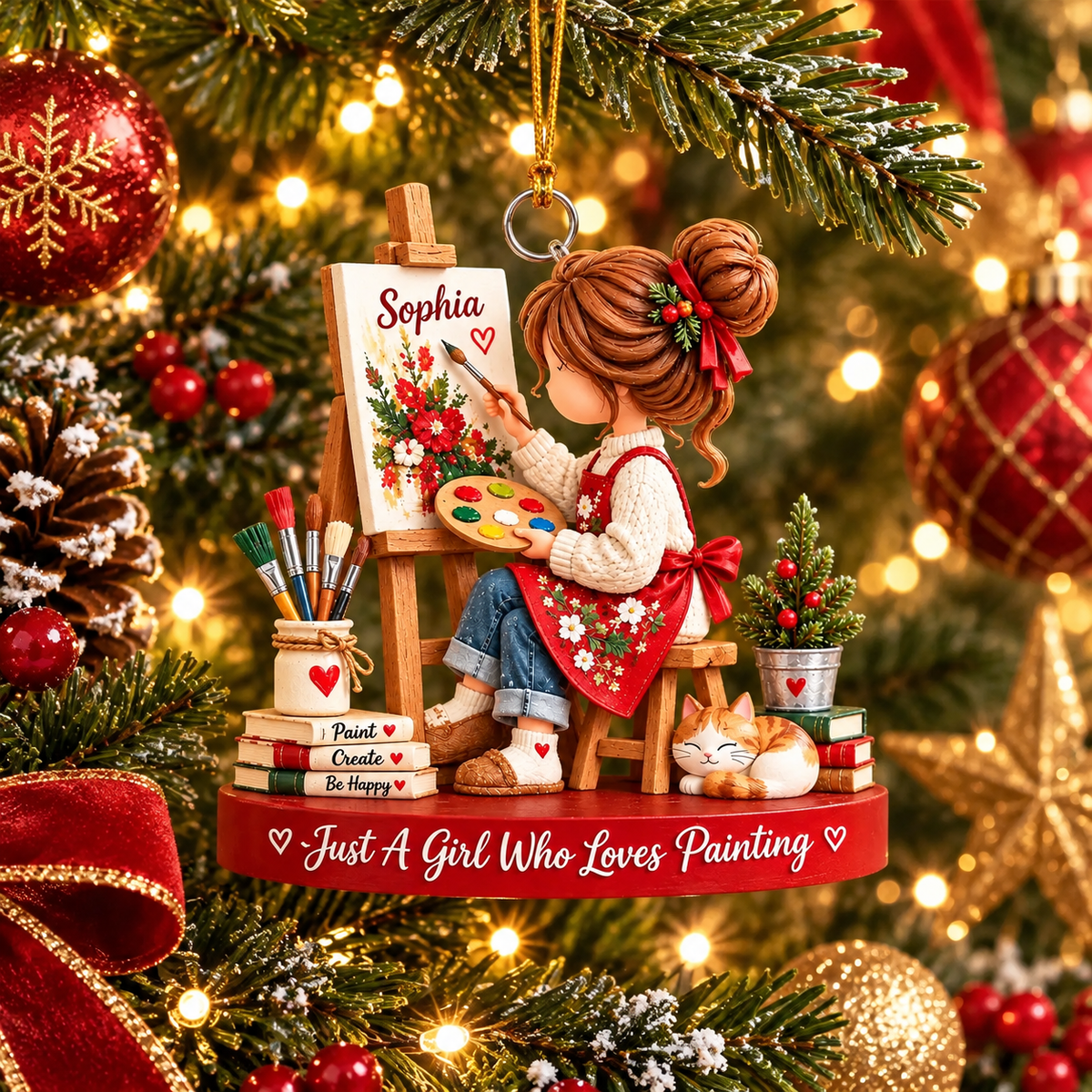Personalized Artist 3D Effect Christmas Ornament – Custom Name Little Girl Painter Gift for Art Lover