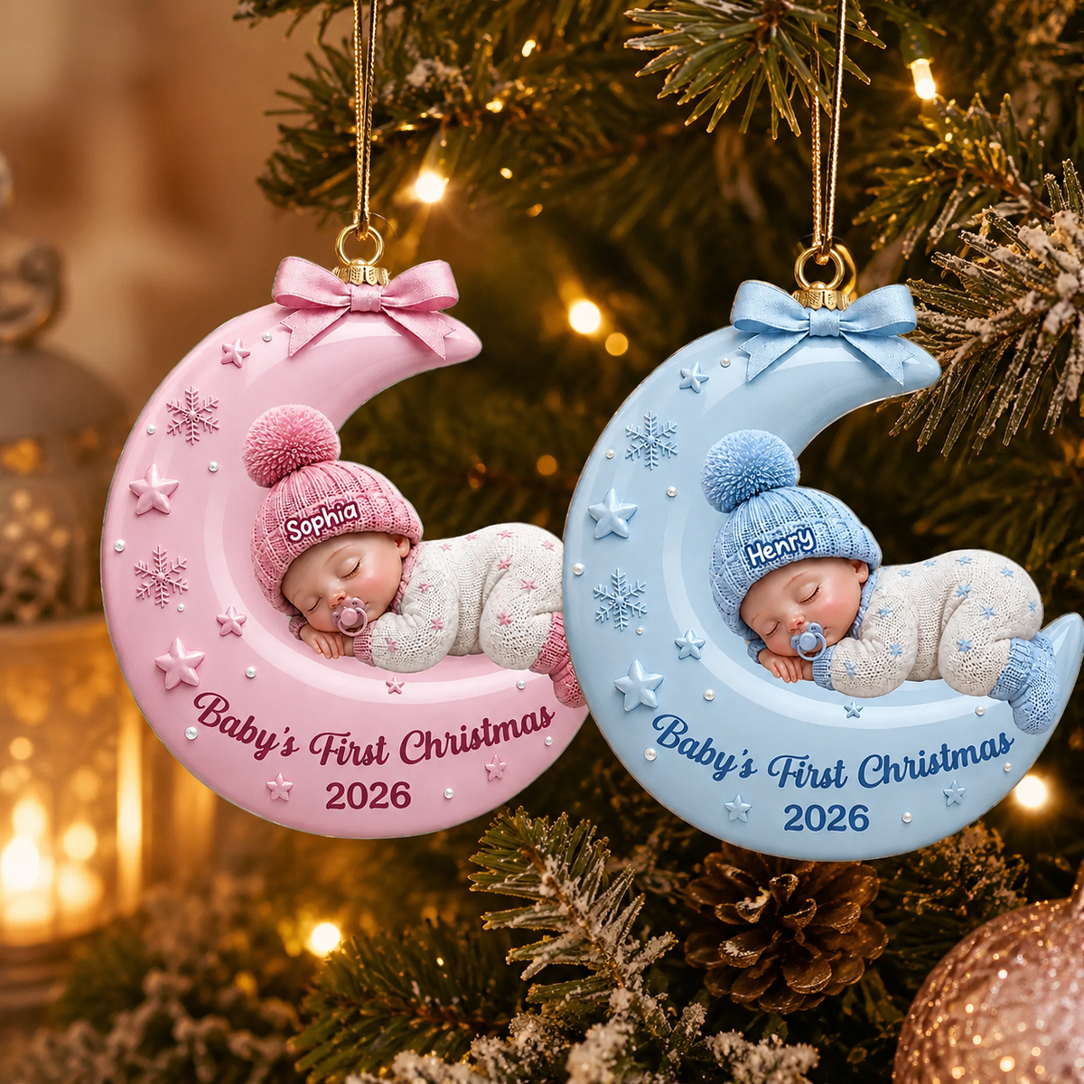 Personalized Baby on Moon Christmas 3D Effect Ornament, Custom Newborn Acrylic Keepsake, Baby Boy Girl First Christmas Gift for New Parents