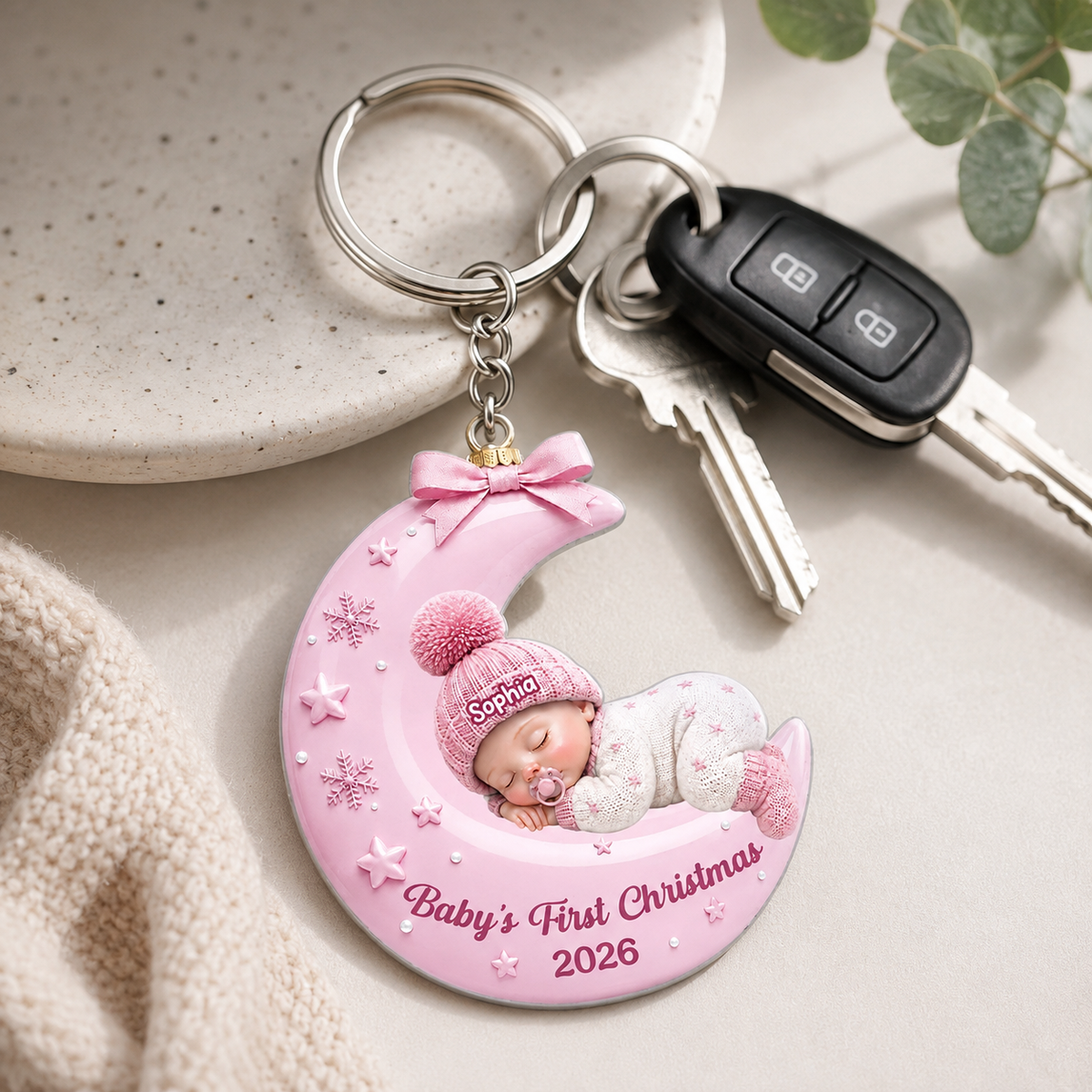 Personalized Baby on Moon Christmas 3D Effect Ornament, Custom Newborn Acrylic Keepsake, Baby Boy Girl First Christmas Gift for New Parents