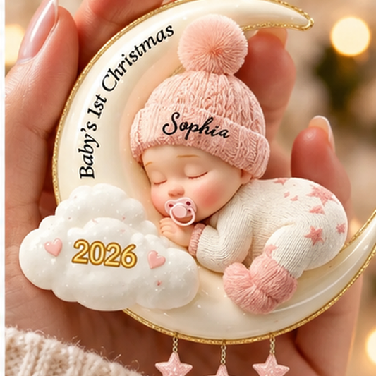 Personalized Baby’s First 3D Effect Christmas Ornament, Custom Sleeping Baby Moon Acrylic Keepsake, Newborn Gift for Parents Grandparents
