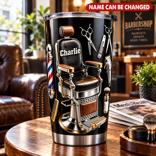 Personalized Barber Hairdresser 3D Effect Tumbler with Name, Custom 20oz Stainless Steel Insulated Cup, Gift for Barber Hairstylist Salon Professional